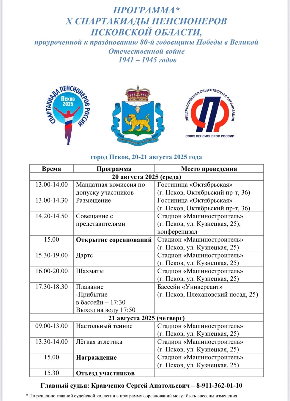 Программа X Спартакиады пенсионеров Псковской области, приуроченной к празднованию 80-й годовщины Победы в Великой Отечественной войне 1941–1945 годов. Программа X Спартакиады пенсионеров Псковской области, приуроченной к празднованию 80-й годовщины Победы в Великой Отечественной войне 1941–1945 годов.