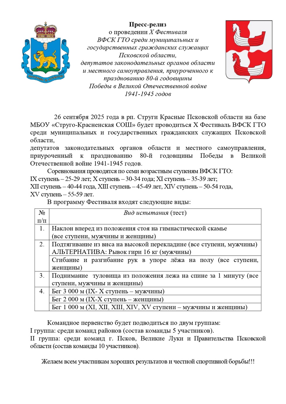 Пресс-релиз о проведении Х Фестиваля ВФСК ГТО среди муниципальных и государственных служащих Псковской области.